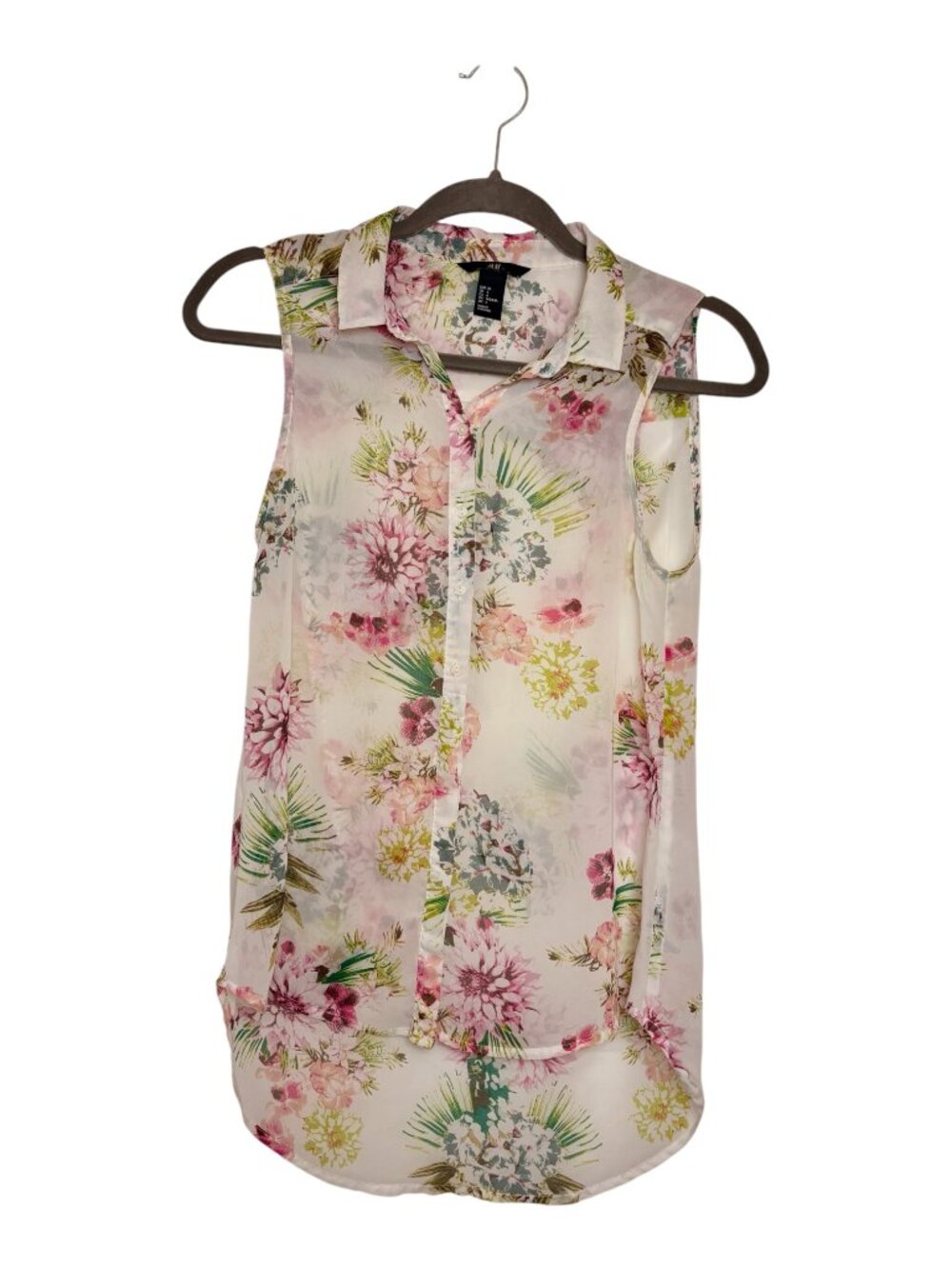 H&M White Floral Sleeveless Blouse Sheer Romantic Spring High Low Size 6